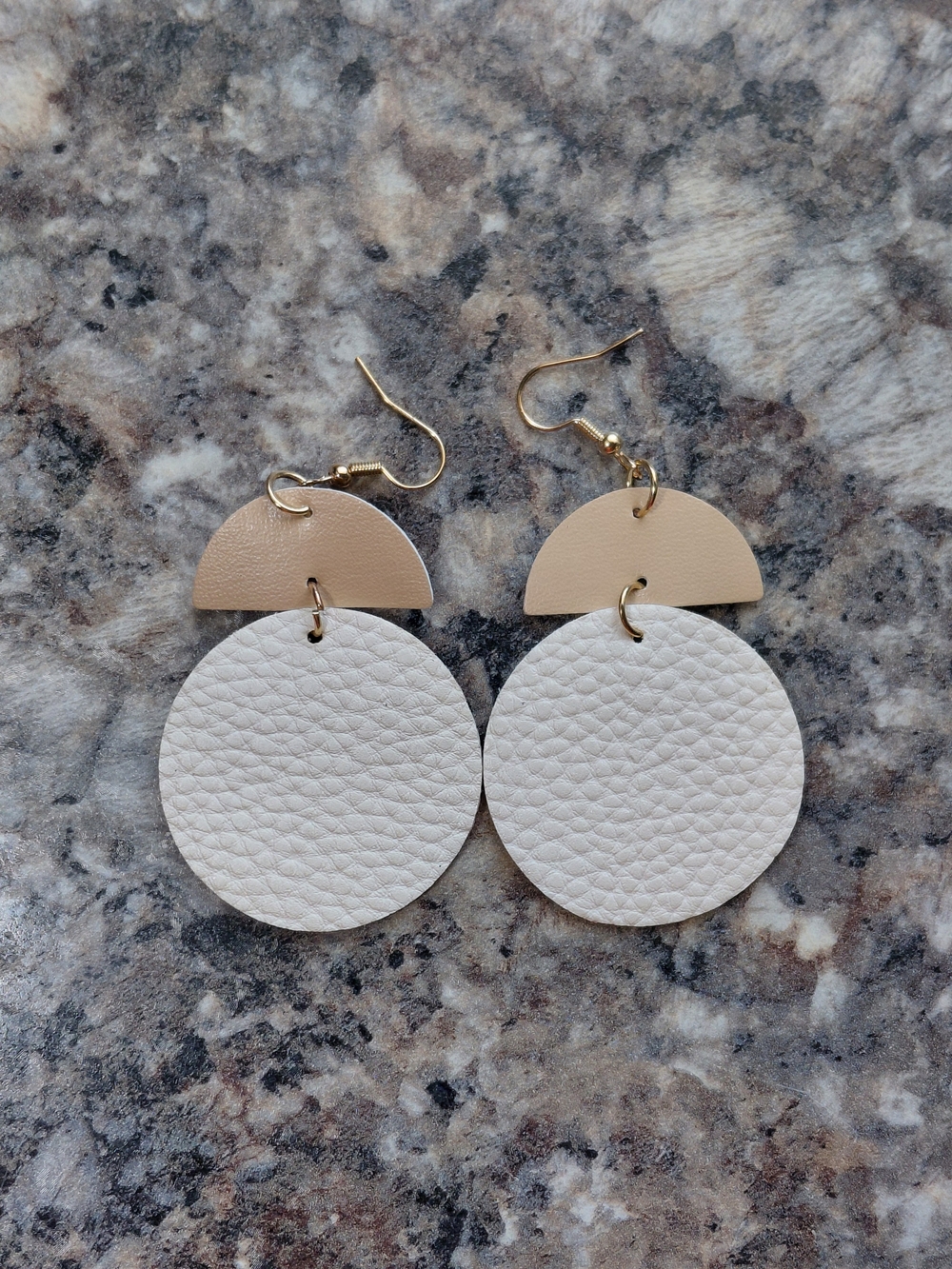 Leather Textured Disc Half Moon Beige and Cream Gold Hook Dangle Earrings